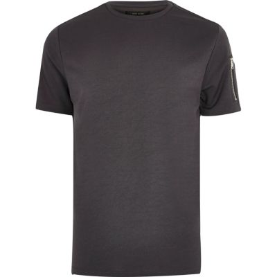 Dark grey zip sleeve T-shirt